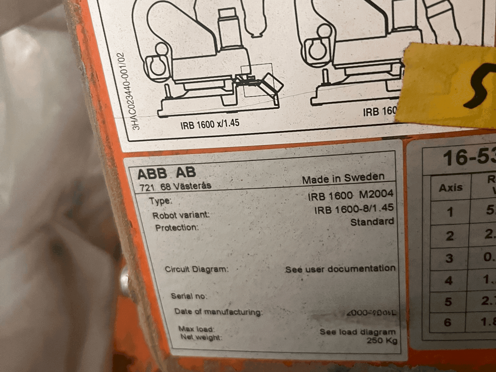 Typenschild der ABB IRB 1600 M2004 Maschine