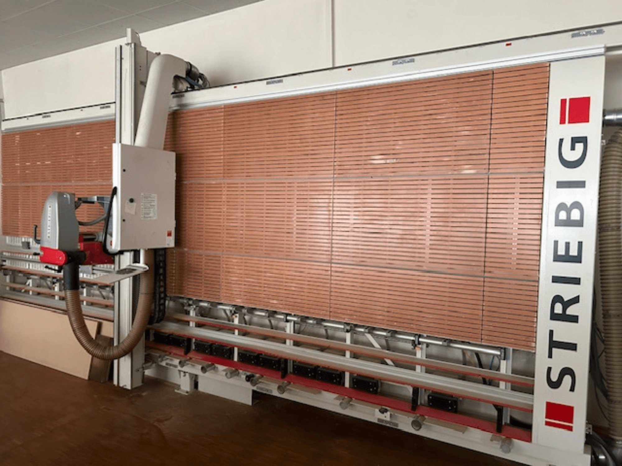 Vertikale Plattensäge von Striebig in der Seitenansicht, mit motorisiertem Kopf, Holzplattenschneidblättern und Staubabsaugung.