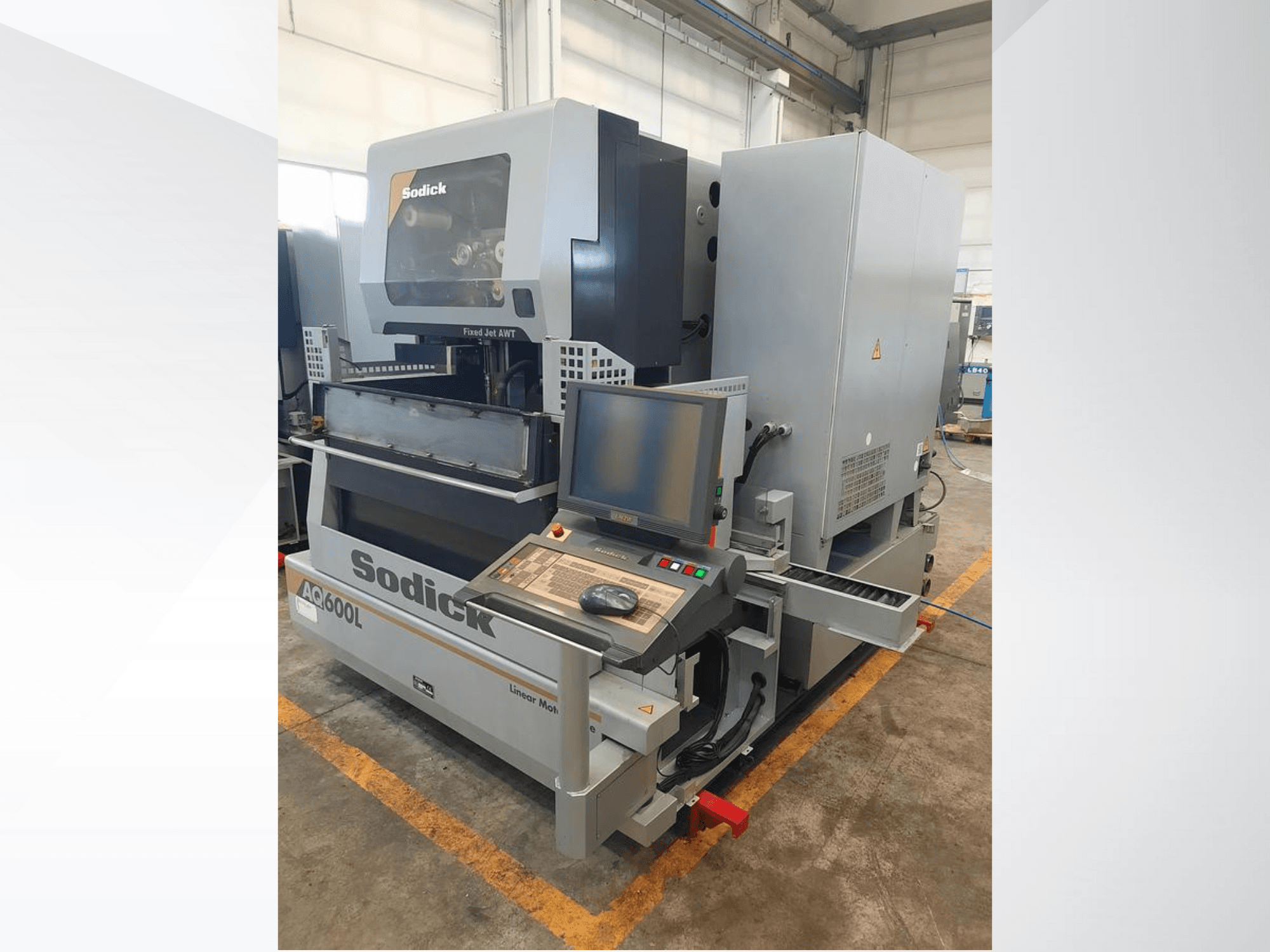 Sodick AC600L linear machine in a side view, showcasing control panel, fixed jet, and industrial design features.