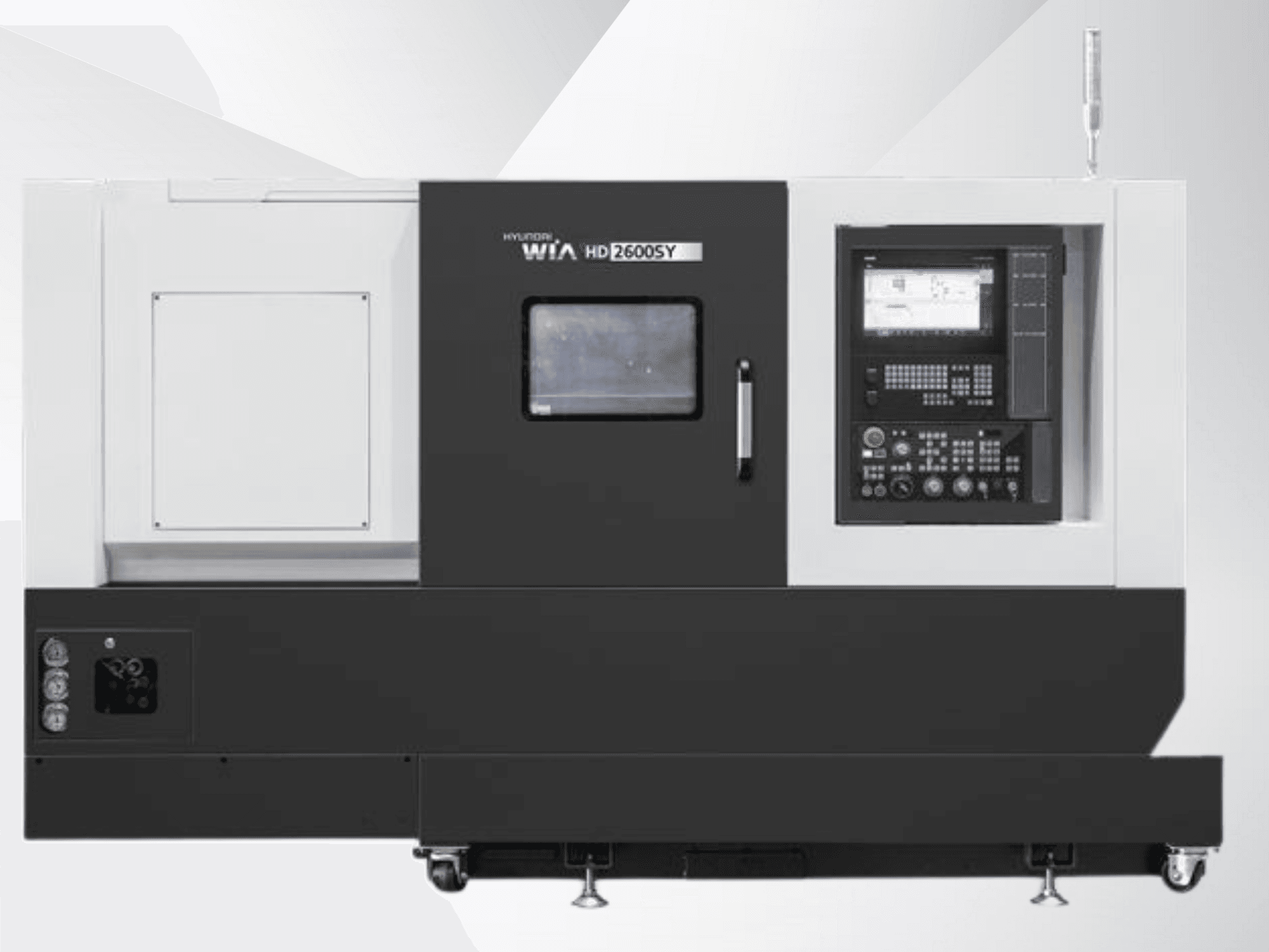 Hyundai WIA HD 2600SY CNC-Drehmaschine, Vorderansicht; mit digitalem Bedienfeld und Werkzeugspeicherbereich, der die technischen Merkmale zeigt.
