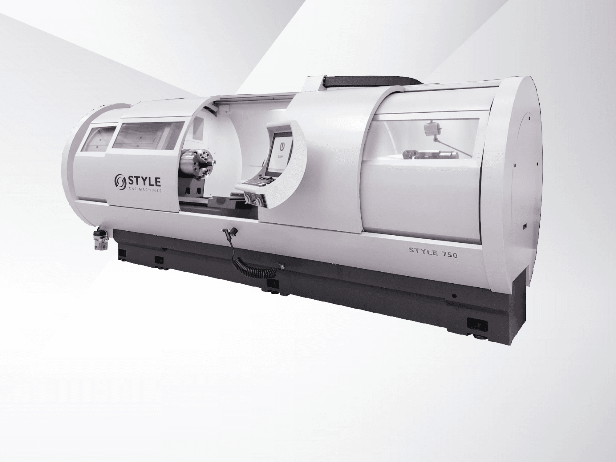 STYLE 750 CNC-Drehmaschine, Vorderansicht, mit großem Sichtfenster, Bedienfeld und Präzisionsmechanik für anspruchsvolle Bearbeitungen.