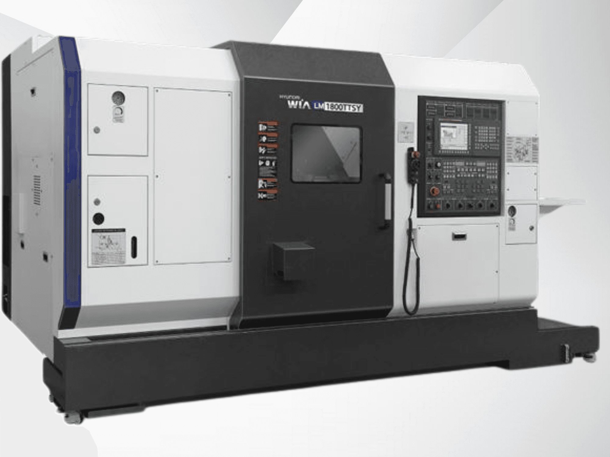 Hyundai LM1800TTSY CNC lathe machine, front view, features control panel, a black and white exterior, and operational buttons.